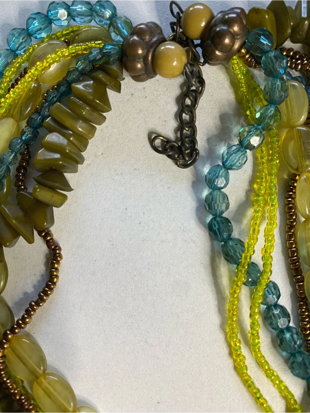 Source Unknown Yellow, Teal & Olive Multi-Strand Beaded Necklace